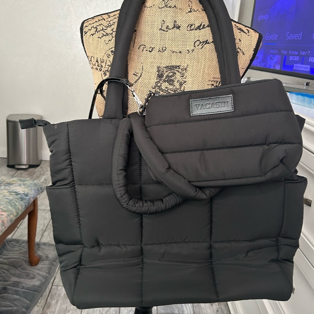 Vacasin Black Quilted Women's Bag Set 2 peice